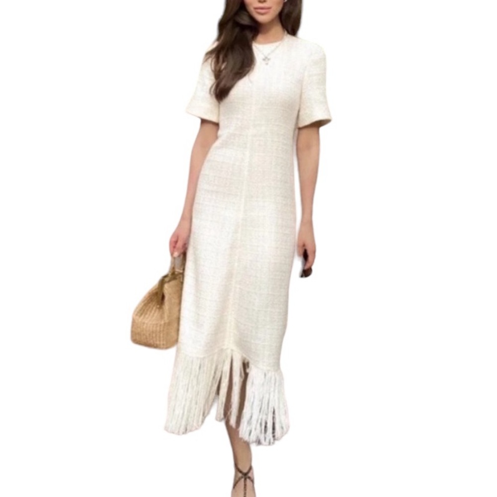 Zara L Maxi Off White Ivory Textured Weave Tweed Fringe Dress Blogger favorite - Picture 2 of 16